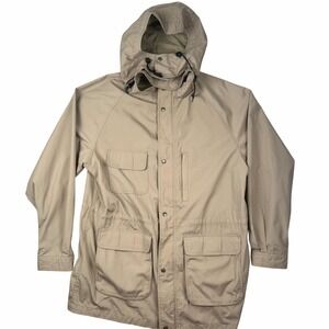 Eddie Bauer Men's XXL Beige Hooded Util Field Jacket Rain Shell Zip Pockets Vtg
